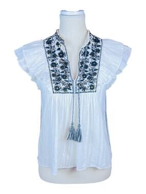 Ulla Johnson Nuru Blanc Embroidered Sequin Flutter Sleeve Cotton Top Size 2